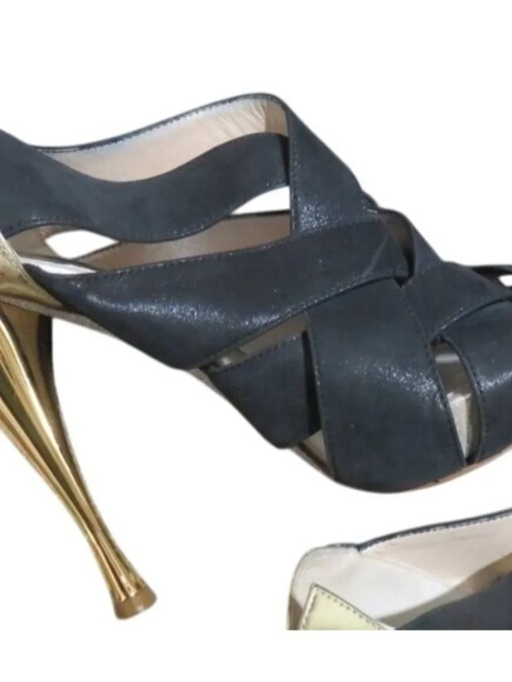 Rene Caovilla  Stunning Black Gold Shimmer Italian Leather luxury peep toe heels